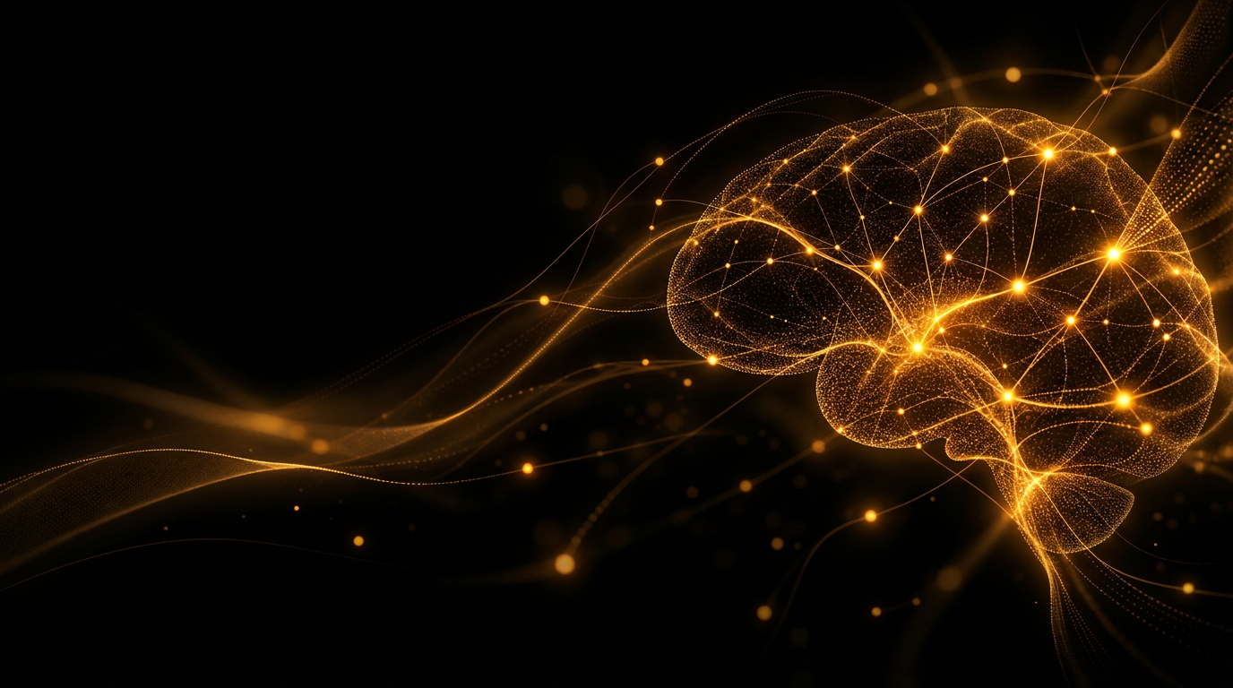 Rede neural dourada representando conexões cerebrais